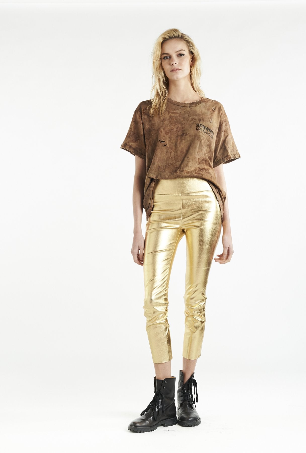 metallic gold capri leather leggings